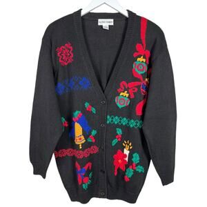 Vintage Alfred Dunner Womens Size M Black Embroidered Christmas Cardigan Sweater